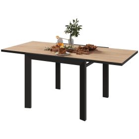 35.5"-71" Expandable Outdoor Dining Table for 4-6 Person, Aluminum Patio Table with Slatted Wood Grain Top, Natural