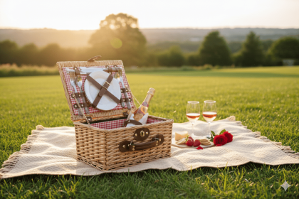 Wicker Picnic Basket Set For 2 Gingham Liner, Plates & Cutlery (Option: Red)