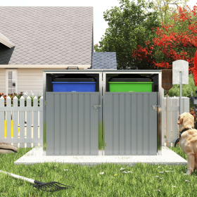 Garbage Bin Shed Stores 2 Trash Cans Metal Outdoor Bin Shed For Garbage Storage,54 Cubic Feet Of Space,Stainless Galvanized Steel, Bin Shed For G (Option: Gray)