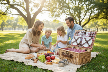 Wicker Picnic Basket Set For Four Gingham Liner, Willow Hamper (Option: Red)