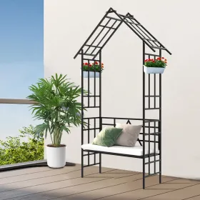 Metal Garden Arch With Bench Turned Into Flower Stand W58.07*H97.24 Climbing Plants Support Rose Arch Outdoor Black (Option: Black)